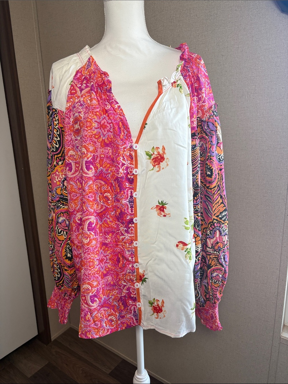 Boho Patchwork Paisley Floral Viscose Blouse L Cottagecore Peasant Hippie Chic